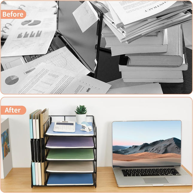 5-Tier Black Desk Organizer with Paper Letter Tray and File Holder