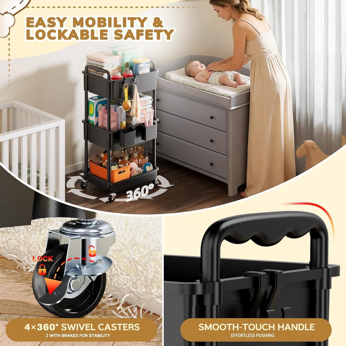 3-Tier Black Rolling Diaper Cart with Lockable Wheels - photo 5