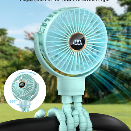 Portable Stroller Mini Fan, Small Rechargeable Personal Fan, Travel Essentials for Baby, Wagon, Car Seat, Treadmill, Battery Powered Biking Gear Accessories, 360° Rotation, 3-Speed, Display, Aqua
