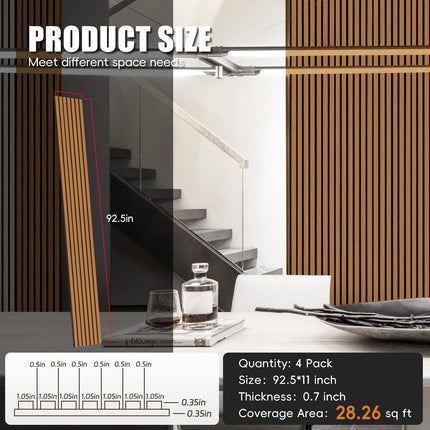 RITOLLO Wood Panels for Wall, Acoustic Wall Panels 92.5 x 11 in, 4 Pack, 3D Wood Slat Sound Absorbing Panels for Interior Wall Decor, Home Office Studio (Teak)