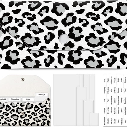PU Leather Cash Envelopes Wallet, Reusable Money Savin Wallet, Cute Budget Envelope with 4 Dividers & 1 Sheets Budget Labels White Black Leopard