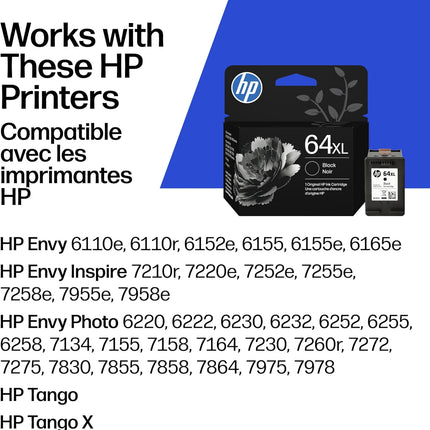 HP 64XL Black High-Yield Ink Cartridge | Works with Envy Inspire 7250e, 7950e; Envy Photo 6200, 7100, 7200, 7800, 7900; Tango Series | Eligible for Instant Ink | N9J92AN