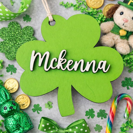 St Patrick's Day Child Basket Tag, Children Keepsake, Clover-Shaped Wooden Name Tag