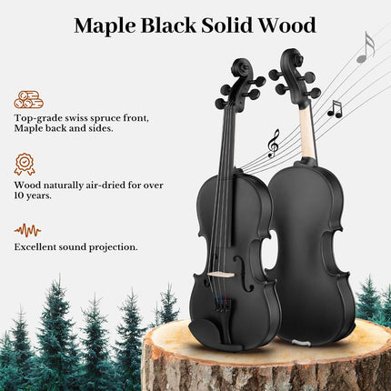 WITEK Beginner Violin for Kids, Black with Premium Maple Accessories, Hard Case Includes Bow, Bridge, Rosin, Shoulder Rest, Tuner, Mute, Manual