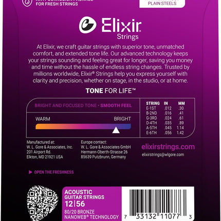 Strings, Acoustic Guitar Strings, 80/20 Bronze with Technology, Longest-Lasting Bright and Focused Tone For Life with Comfortable Feel, 6 String Set, Light/Medium 12-56