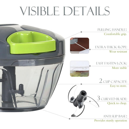 Manual Food Processor Vegetable Chopper, Portable Hand Pull String Garlic Mincer Onion Cutter for Veggies, Ginger, Fruits, Nuts, Herbs, etc., 500ml, Grey