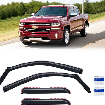 in-Channel Rain Guards for 2014-2018 Chevy Silverado 1500/ GMC Sierra 1500 Double Cab, Window Visor Shields Vent Deflector Shade Wind Dark Smoke for 15-19 Silverado/Sierra 2500 3500, Tape-On, 4PCS