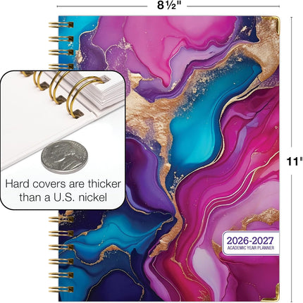 HARDCOVER Academic Year 2026-2027 Planner: 14 Months (May 2026 Through June 2027) 8.5"x 11" Daily Weekly Monthly Planner Yearly Agenda. Bookmark, Pocket Folder and Sticky Note Set (Pink Purple Marble)