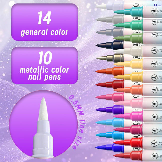 Nail Art Acrylic Marker Pens with Stencils, 24 Colors Dual Tip Water-Based - photo 2