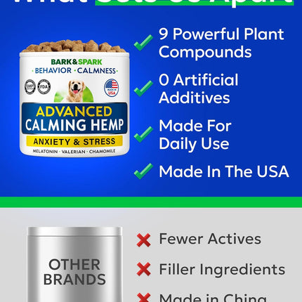 BARK&SPARK Advanced Calming Hemp Treats for Dogs - Hemp Oil + Melatonin - Anxiety &Stress - Separation Aid - Relief During Fireworks, Storms - Aggressive Behavior, Barking - 90Chews