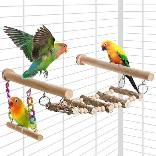 Bird Perches Ladder with Swing, Natural Wood Parrot Climbing Bridge Perch
