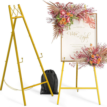 Snughome 45.7" Gold Easel Stand for Sign, Heavy Duty Metal Display Easel with Drawstring Bag, 4-Tier Adjustable Height Art Easel for Wedding Signs, Painting, Posters & Mirrors