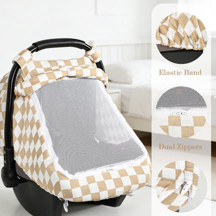 DILIMI Car Seat Covers for Babies, Muslin Cotton Baby Car Seat Cover with Breathable Mesh Window, Summer Infant Car Seat Canopy for Boys Girls Newborn, Brown Plaid