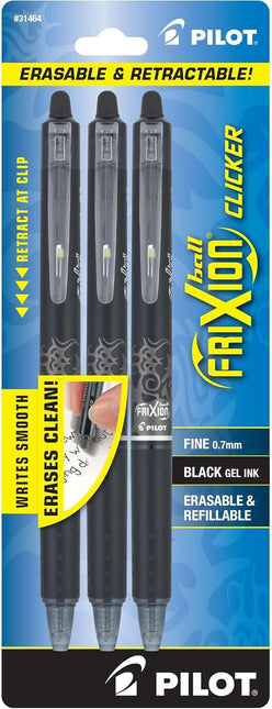 Erasable Pens, Refillable & Retractable Gel Ink Pens, Fine Point 0.7 mm, Black Ink, 3-Pack - Ideal for School, Journaling, & Office Writing