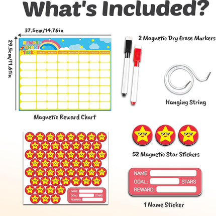 Magnetic Reward Chart for Kids, Customizable Weekly Chores Chart with 1 Name Sticker & 52 Magnetic Star Stickers, Dry Erase Behavior Chart for Kids Potty Training, Toddler Routine Daily Record