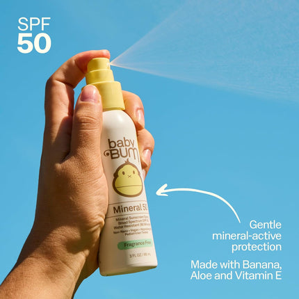 Baby Bum SPF 50 Sunscreen Spray - Mineral UVA/UVB Face and Body Protection for Sensitive Skin - Fragrance Free - Travel Size - 3 oz