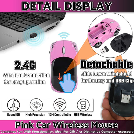 HuGuWdy Pink Wireless Car Mouse - 2.4G Wireless with USB Receiver, Optical Mouse for PC, Laptop, Tablet - Win XP/Vista/7/ME/2000/Mac OS Pink Mouse for Her for Christmas