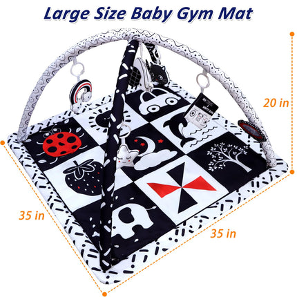 Black and White Baby Gym Play Mat with 6 Toys Tummy Time Activity Mat for Babies 0-6 6-12 Months High Contrast Baby Gyms & Playmats Sensory Toys Newborn Brain Development Infant Play Mat