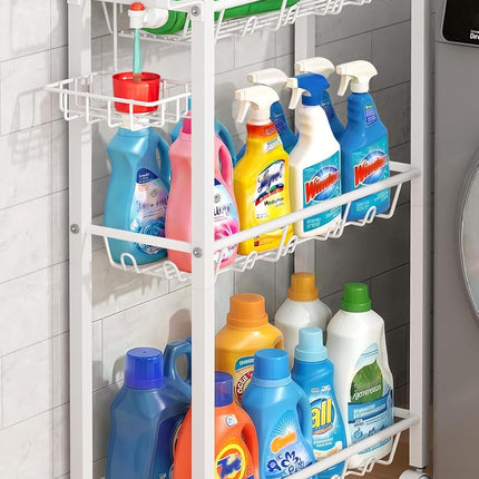 AOODA Laundry Room Cart with Top Detergent Holder, Metal Rolling Storage Cart Between Washer and Dryer, 3 Tier Narrow Laundry Room Organization and Storage with Wheels (White)