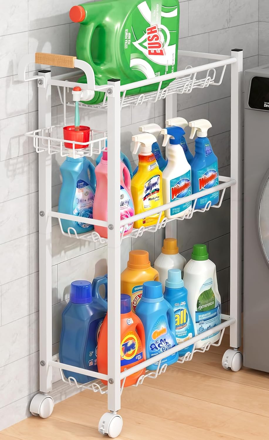 Laundry Room Cart with Top Detergent Holder, 3 Tier Metal Rolling Storage Cart, White
