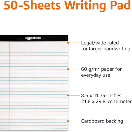 Amazon Basics Wide Ruled Lined Writing Note Pads for Office Supplies, 8.5" x 11.75", White, 12-Pack of 50 Perforated Sheets