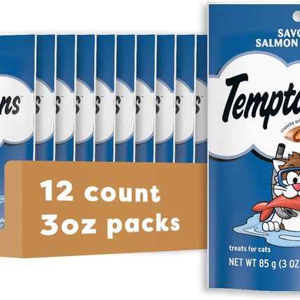 Temptations Cat Treats Classic Crunchy and Soft Cat Treats, Savory Salmon Flavor, 3 oz. Pouches (Pack of 12)