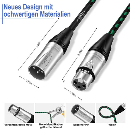XLR Pro Mic Cable 10 ft 2 Pack 3 Meter Male to Female XLR Cables 3-pin Green Balanced Shielded Microphone Cord for Amplifier Mixer,Speaker Systems,Recording Studio