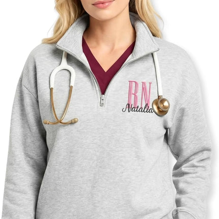 Custom Name Nurse Embroidered Quarter-Zip Sweatshirt with Title – RN Gift for Nursing Assistant or Nurse Graduation