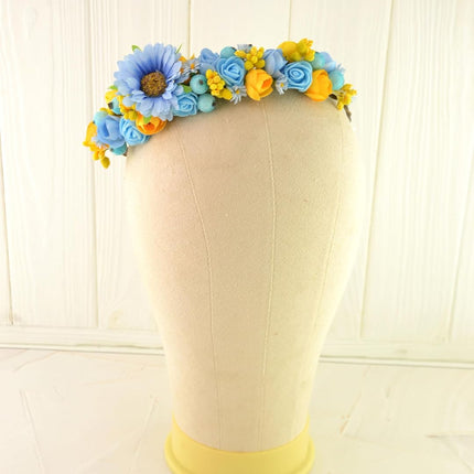 Ukrainian Flower Headband Vinok Yellow Blue Head Wreath for Women Made in Ukraine Flower Crown Flower Heair Wreath Floral Hairband Halo for Women Fake Flowers (Style #30)