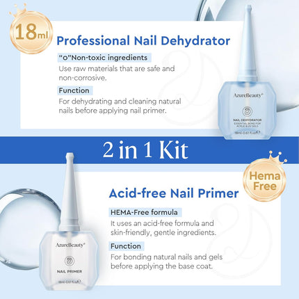 AZUREBEAUTY 18ml Nail Dehydrator and Primer, Acid-Free & Hema-Free Nail Prep Kit, No Lifting Bond for Gel Polish & Acrylic, Quick Dry Professional Natural Nail Primer for Long Lasting Manicure