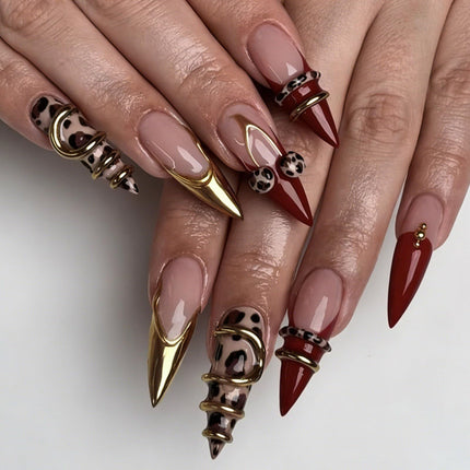 French Tips Press on Nails Medium Almond Nails Press on with 5D Flower Charm Design Glossy Brown Glue on Nails Water Ripple Rhinestones Fake Nail Reusable Fall Winter Nail for Women Manicure 24Pcs