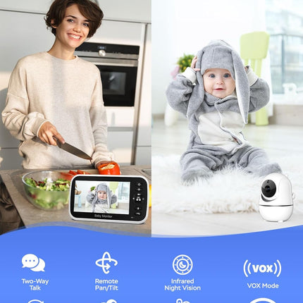 GoodBaby 5" Baby Monitor with Camera and Audio, No WiFi Secure Camera, 30-Hour Battery, Remote PTZ, Auto Night Vision, Room Temperature, Two-Way Audio，Lullabies，960 ft Range