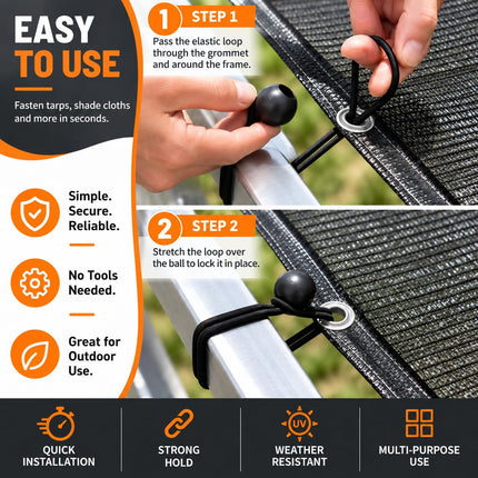 50 Pcs Ball Bungee Cords 6 inch Black Heavy Duty Outdoor for Tarp Tie Downs
