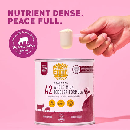 Serenity Kids 12-36 Month A2 Whole Milk Toddler Formula Powder - Organic Grass-Fed Whole Milk - Easier-to-Digest A2 Toddler Formula - DHA & ARA Prebiotics & Nucleotides for Baby Essentials - 21 Oz