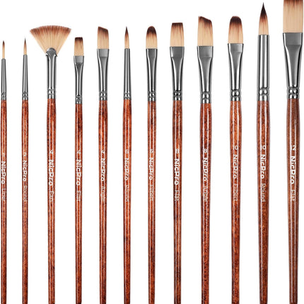 Nicpro 12pcs Paint Brush Set, Craft Paint Brushes for Acrylic Painting, Oil, Watercolor, Gouache, Painting Brushes Kit with Flat Fan Round Angle Filbert, Art Supplies for Artists and Beginners