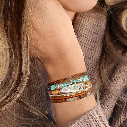 Turquoise Bracelet for Women, Boho Western Bracelet for Turquoise Jewelry, Leather Wrap Multi-Layer Turquoise Bracelet Bangle Jewelry