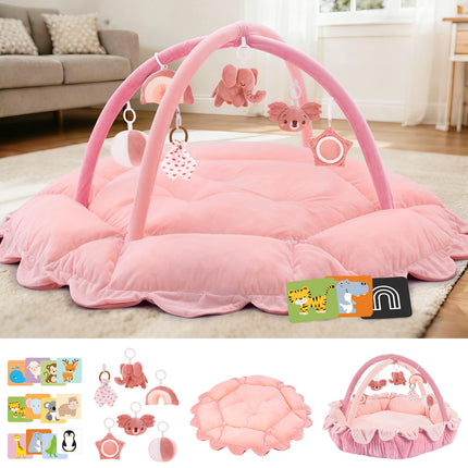 5-in-1 Baby Activity Gym & Play Mat with 6 Hanging Toys, Tummy Time Mat & Cards - Extra Large, Reversible Machine Washable Pad - Gift for Newborns, Infants 0-12 Months, Pink