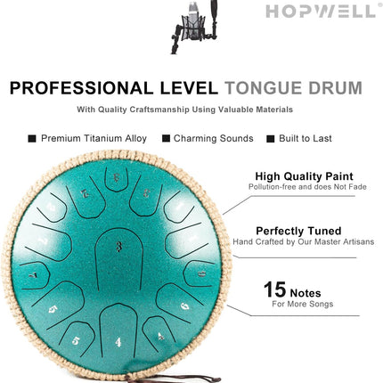 HOPWELL Steel Tongue Drum - 13 Inches 15 Notes Tongue Drum - Hand Pan Drum with Music Book, Handpan Drums Mallets and Carry Bag, D Major (Malachite Green)