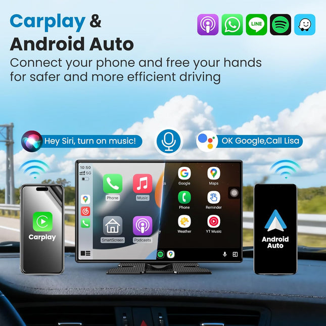 Portable Apple Carplay Screen for Car, 11.3" Extra Large Wireless Car Play & Android Auto Screen for Car, Car Stereo with 4K Dash Cam, App View, Backup Camera,GPS,Mirror Link,FM, Voice Control