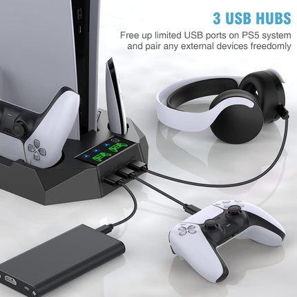 PS5/PS5 Slim/PS5 Pro Stand and Cooling Station with Dual Controller Charging Station for PlayStation 5 Console, PS5 Accessories Incl. Controller Charger, Cooling Fan, Headset Holder, 3 USB Hub, Black