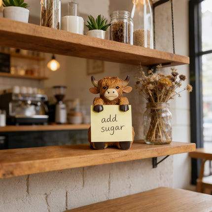 Highland Cow Pop-up Sticky Note Dispenser, Includes 1 Pad of 3x3 in Super Sticky Notes, 100 Sheets, Resin Cute Handmade Desk Holder for Office & Home-Brown