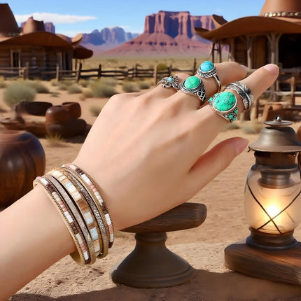 Western Jewelry for Women - Boho Turquoise Jewelry Set with Turquoise Necklace, Earrings, Bracelet & Rings