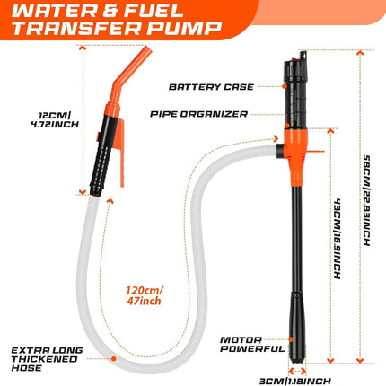 Electric Fuel Transfer Pump, 3.2GPM Portable Fluid Transfer Siphon Pump with Oil Pipeline, Battery Gas Pumps with 47 Inches Hose &Gloves for Car/RV(Orange)