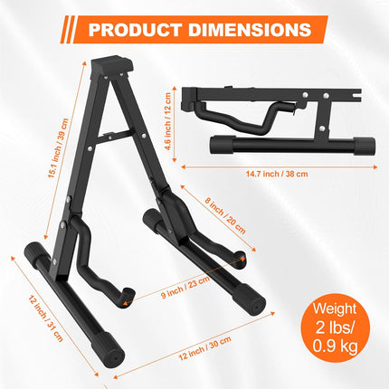 GLEAM Guitar Stand - Electric, Acoustic and Bass, Banjo Stand, A-Frame Metal Folding Guitar Rack with Non-Slip Rubber Sleeves and Foam Arms Black (Pack of 2)