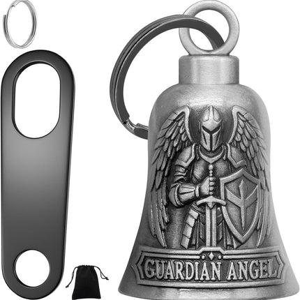 St. Michael Motorcycle Bell Guardian Angel Gremlin Biker Bells for Luck with Motorcycle Bell Hanger, 2 Key Chain Ring Accessories, Velvet Pouch
