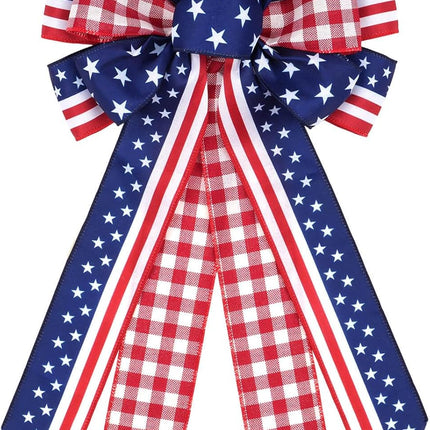 Large Patriotic Wreath Bow, 4th of July Decorations, Red White Blue American Flag, Stars Stripes Buffalo Plaid Wired Ribbon for Front Door