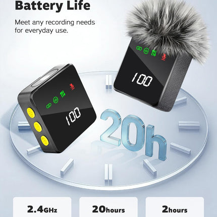 Wireless Mini Microphone for iPhone, Android, Cameras, Lavalier Lapel Microphone with Noise Reduction, Dual Digital Display Mics with 20H Battery Life for Video Recording, YouTube, Vlogging