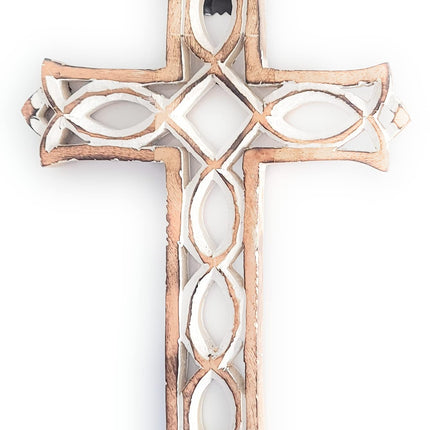 Thanksgivning Gifts Wooden Wall Cross Plaque with Hand Carvings | Religious Altar Home & Living Room Decor | Whitewash Wood Wall Cross 12 x 8 Inch