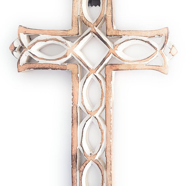 Thanksgivning Gifts Wooden Wall Cross Plaque with Hand Carvings | Religious Altar Home & Living Room Decor | Whitewash Wood Wall Cross 12 x 8 Inch