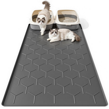 Silicone Cat Litter Mat, 24"x16", Raised Edge Waterproof, Grey